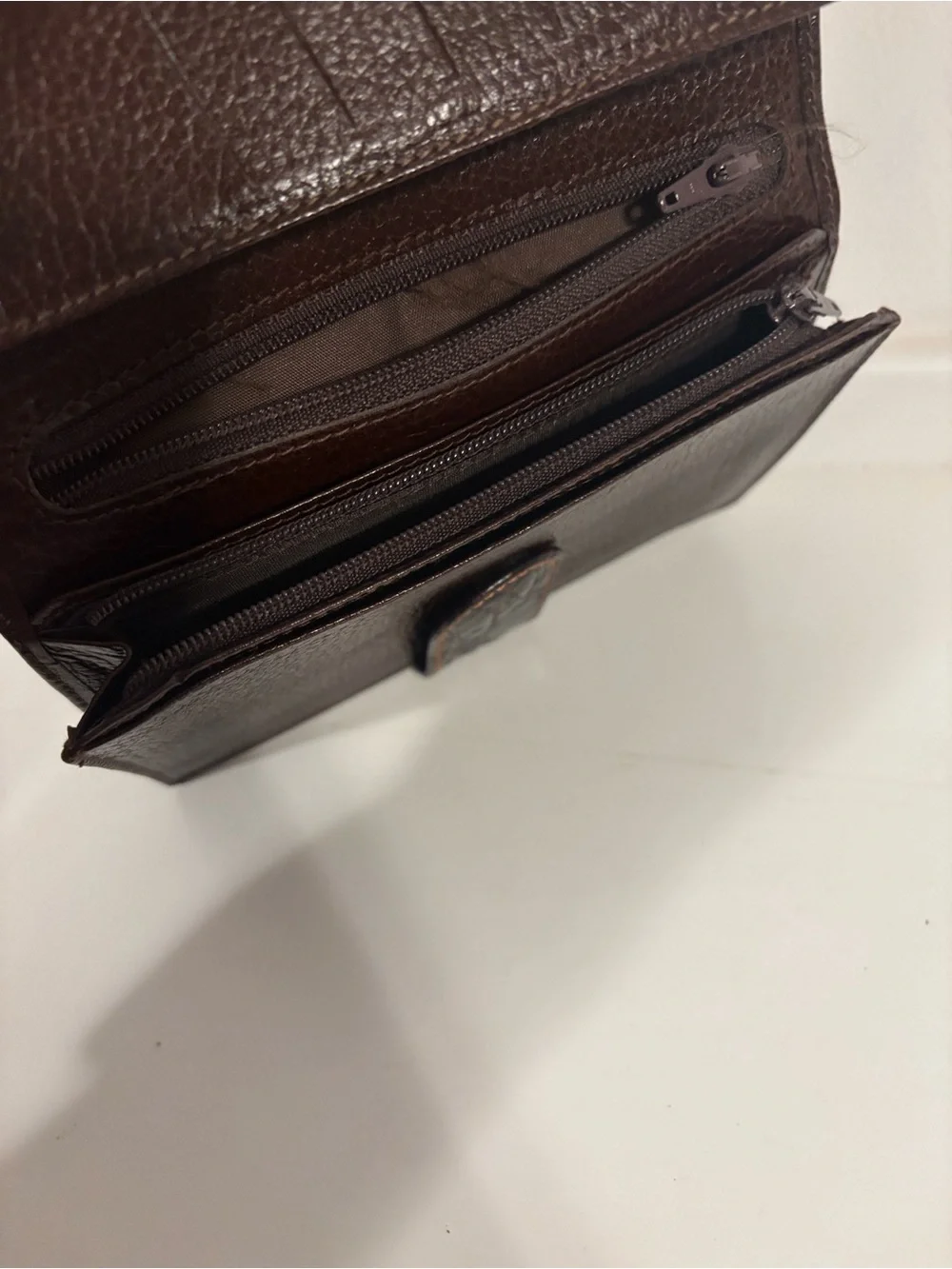 Croc Embossed Clutch/Wallet Snap Closure Dark Brown Orange Stitching 4.25 x 6”